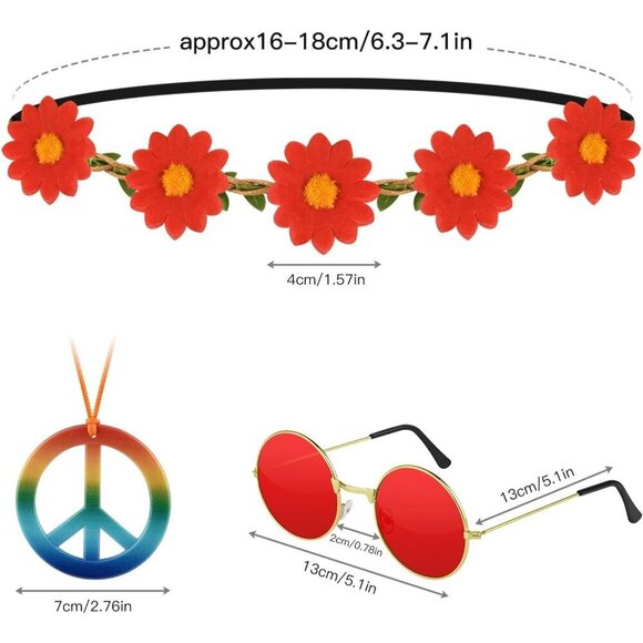 18Pcs Hippie Costume Accessories Set 60s 70s Peace Sign Daisy Headband Sunglasse main image 6